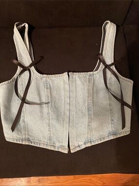 Forever 21 Light Blue Denim Corset Crop Top with Black Ribbon Straps